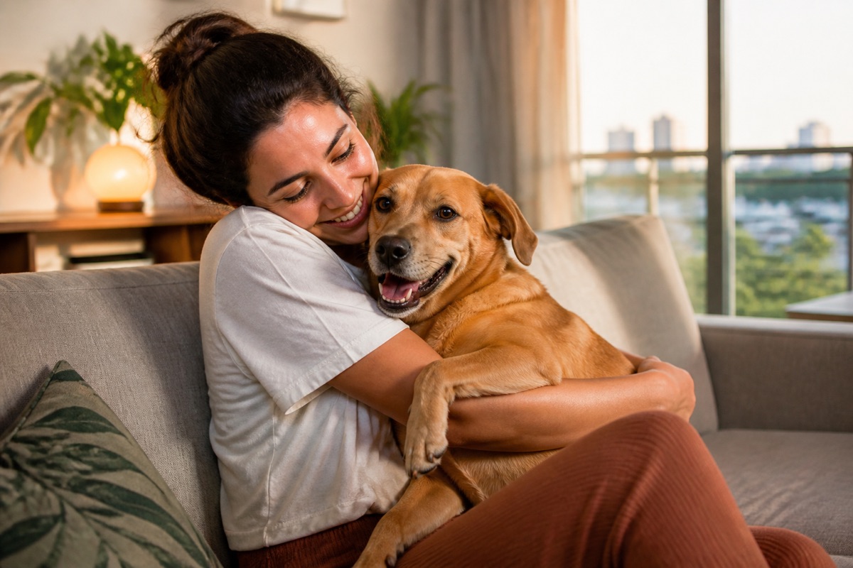Tutora abraçando o cachorro no sofá, os dois relaxados