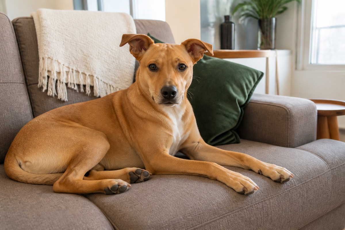 Cachorro caramelo deitado calmo no sofá de um apartamento