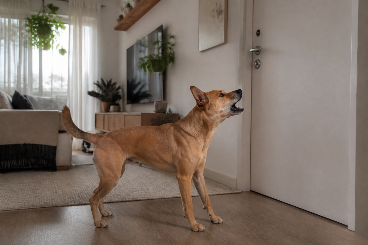 Cachorro latindo em direção à porta de entrada do apartamento